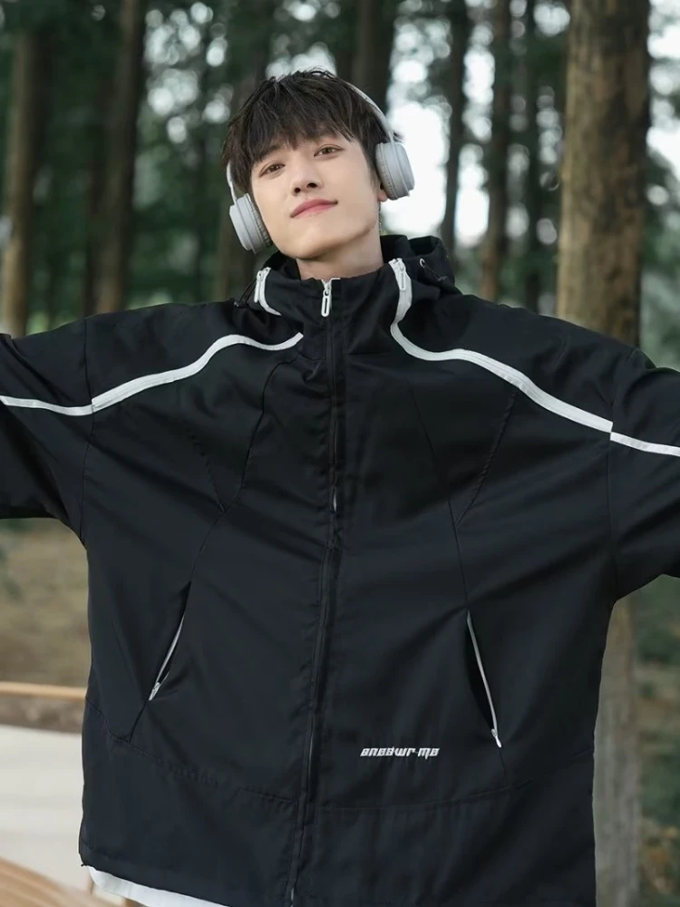 

Hooded Jackets Men Loose Spliced Simple European Style Retro Daily Windproof Zippers Contrast Color Streetwear Stylish Autumn