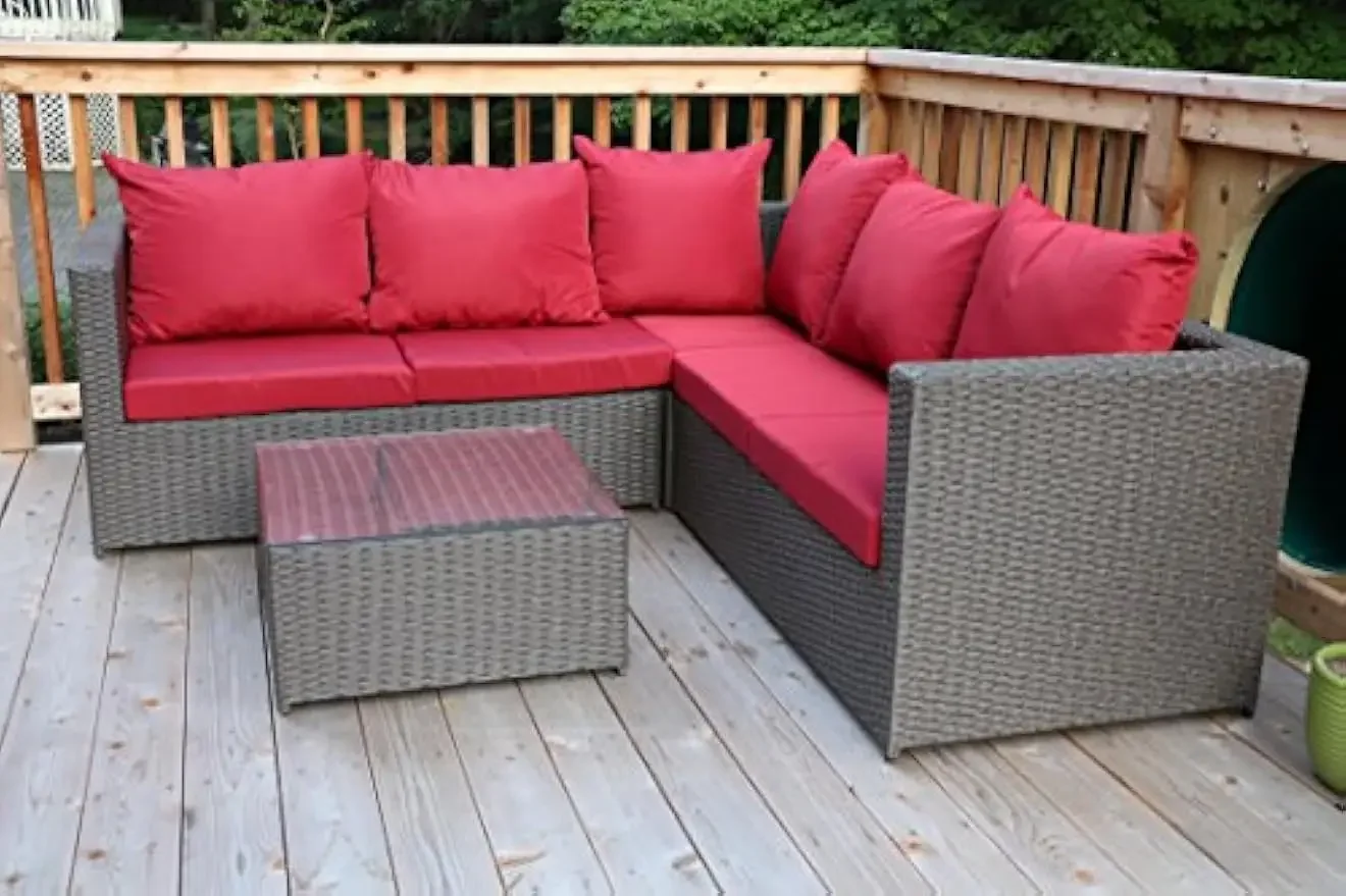 Large 4 Pcs Brown Rattan Wiker Sectional Sofa Set Outdoor Patio Furniture - Fully Assembled Aluminum Frame with Ottoman Dark Red