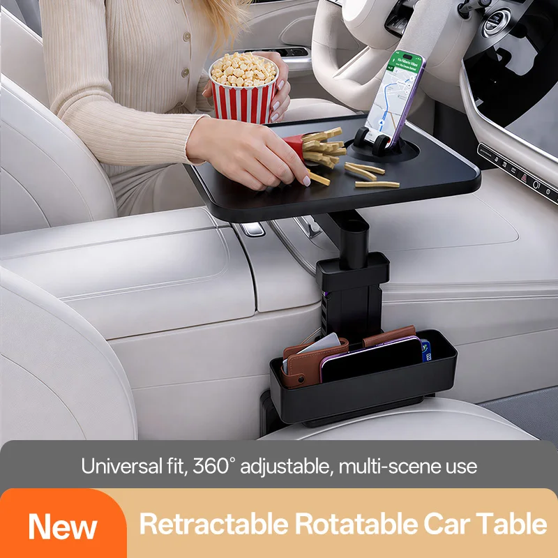 Universal Car Center Console Table Retractable Multi‑Angle Adjustable Vehicle Food Desk with Storage Organizer Cup Phone Holder