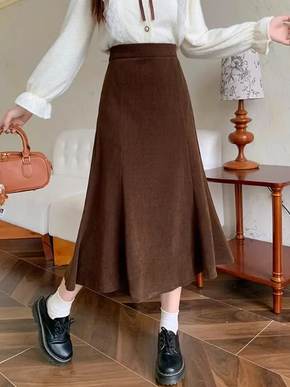 

Потрясающая юбка-рыбка кофейного цвета с высокой талией, больших размеров, женская, осенне-зимняя, новая, стройнящая, А-силуэт, макси-длина