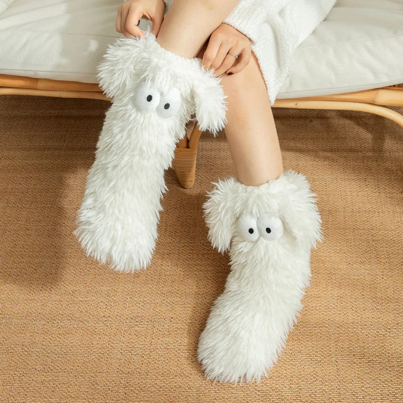 Winter Kawaii Big Eyes Puppy Ears Cartoon Plush Slipper Socks Non Slip Floor Socks Warm Thickened Coral Fleece Stockings