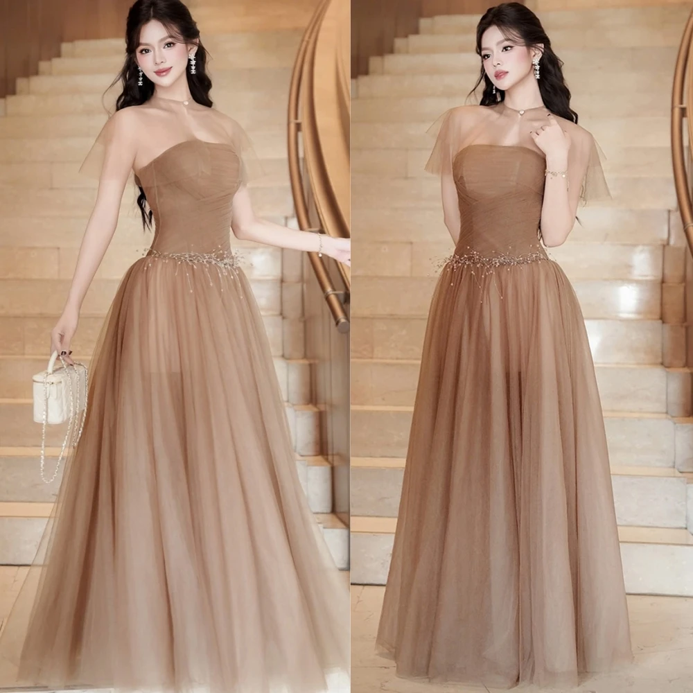 

Customized Modern Strapless Organza A-Line Evening Dress Graceful Shawl Prom Dresses Luxury Beading Special Occasion Gowns