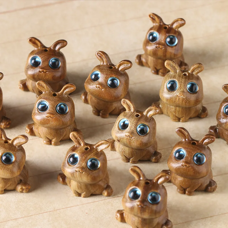 Bunny Figurine Green Sandalwood Carved Blue Eyed Rabbit Cute Cartoon Phone Chain Keychain Pendant Accessories Holiday Gift