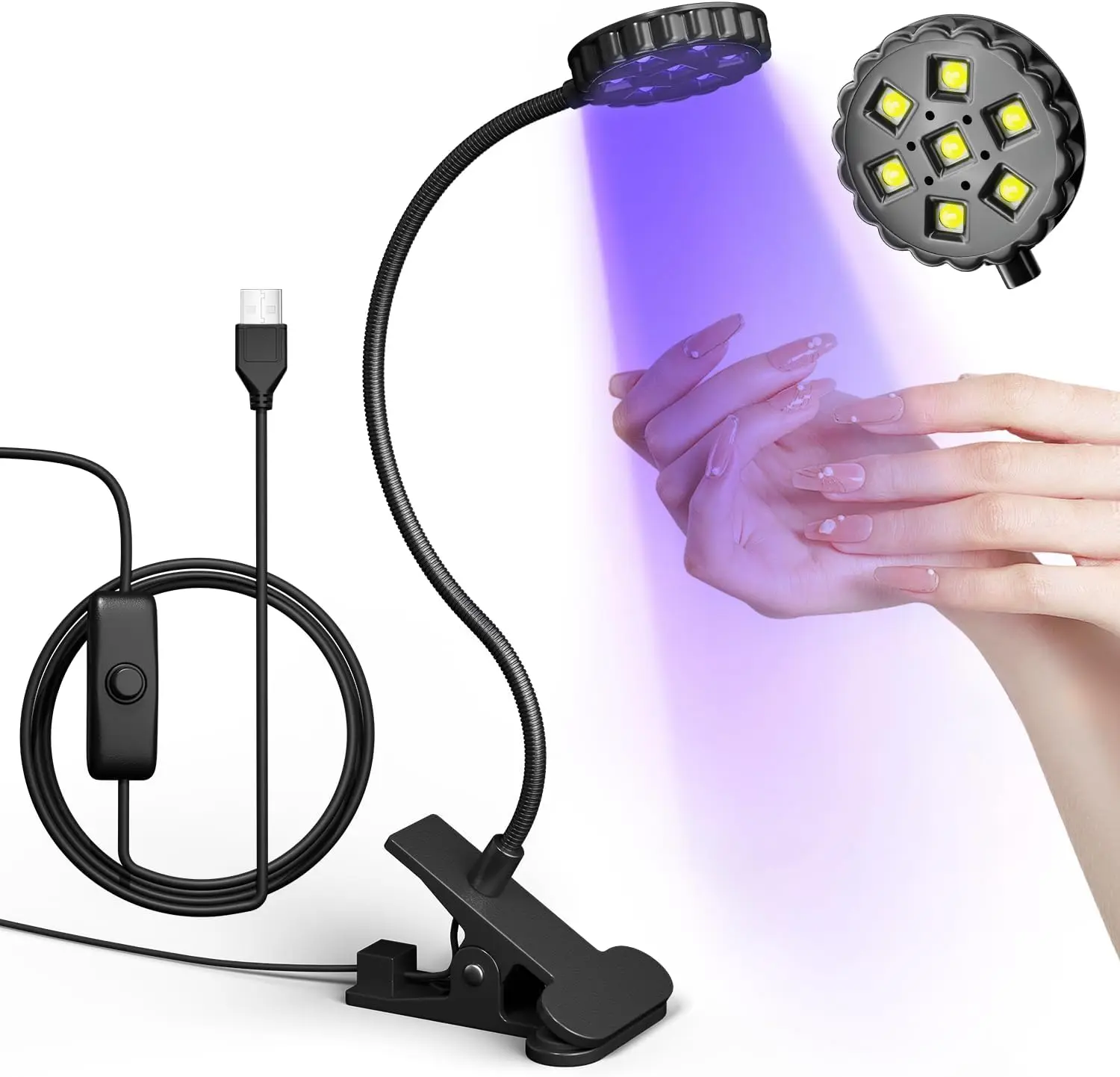 UV LED Nail Lamp with Clamp, 6W Flexible Gooseneck USB Gel Nail Dryer for Salon or Desk Manicure
