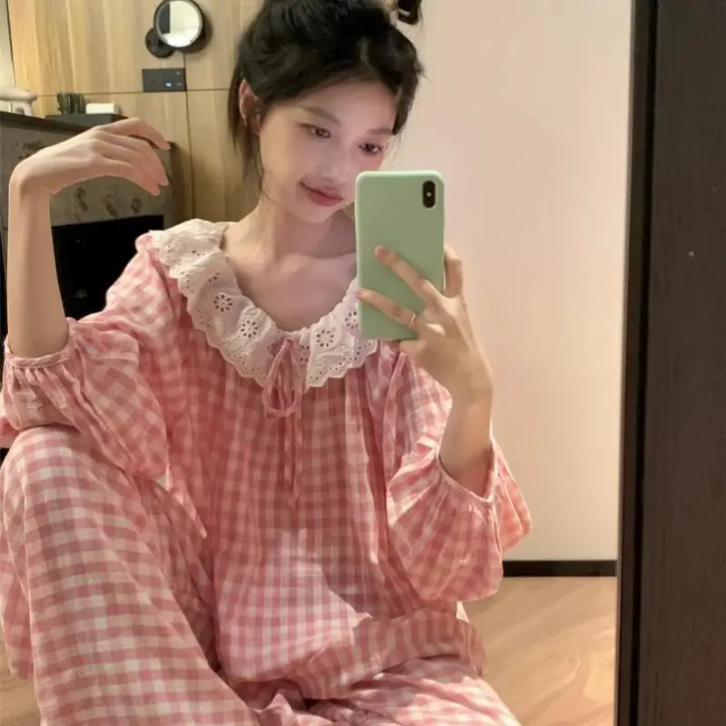 New lace Plaid Long Sleeved Floral Pajamas for Women for Spring and Autumn Doll Collar Princess Style Home Clothes Autumn Set