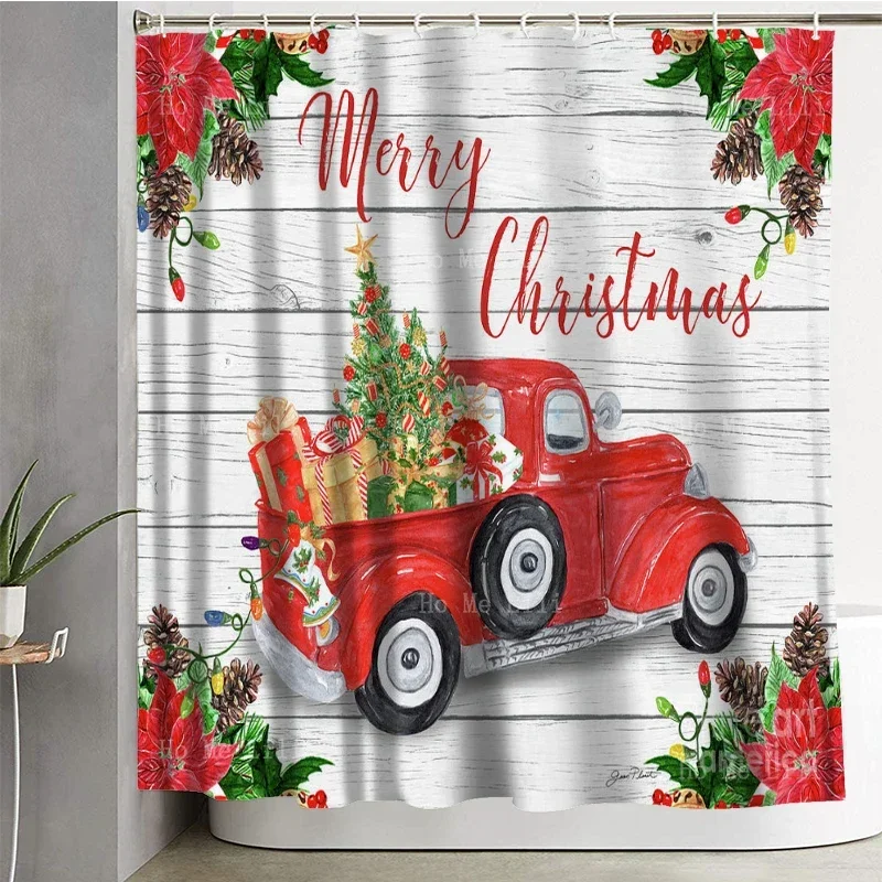 Vintage Red Truck Carry Christmas Trees And Presents Pine Cone On Wood Background Shower Curtain By Ho Me Lili Bath Decor