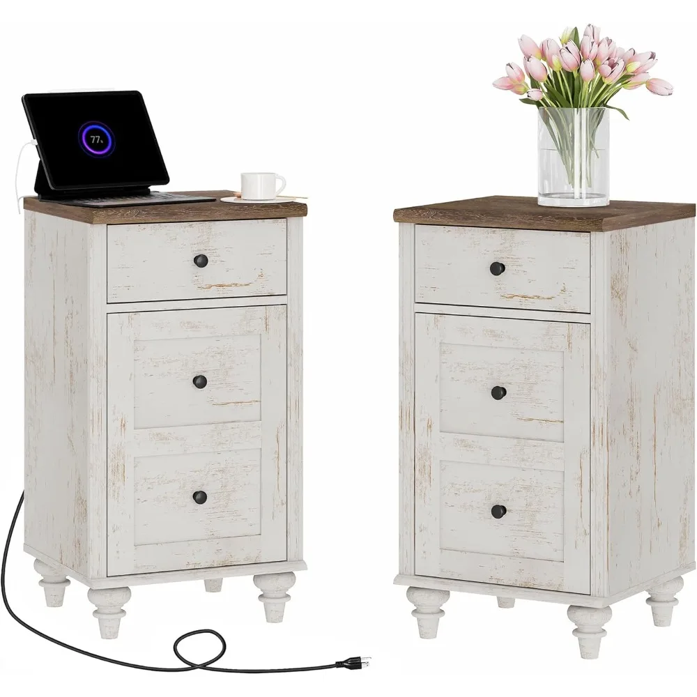 

set of 2 end table with charging station, wood nightstands with drawer and storage cabinet, modern side tables living room, far