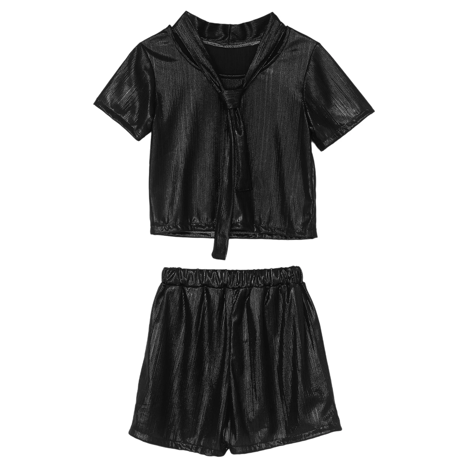 

Kid Boys Girls Short-sleeve Hip Hop Party Clothes Children Jazz Dance Performance Outfit Necktie T-shirt Metallic Disco Costume