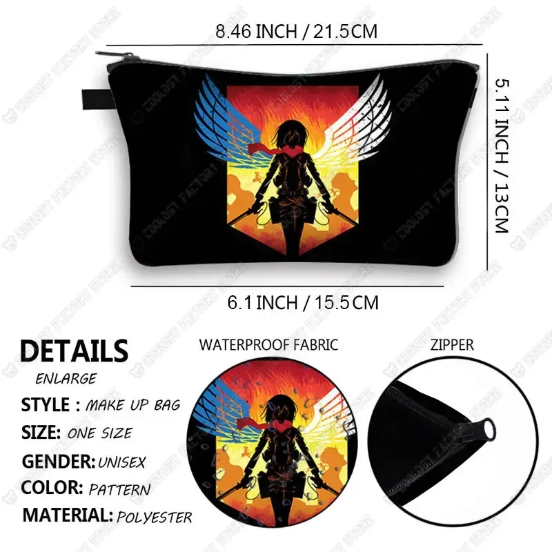 Anime Attack on Titan Cosmetic Bag Women Makeup Bags Levi Mikasa Eren Ladies Cosmetic Cases Jewelry Organizer