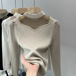 Autumn Winter Women Beading Sweater Fashion Elegant Mesh Knitted Jumper Female Solid Color All-match Half Turtleneck Pullover