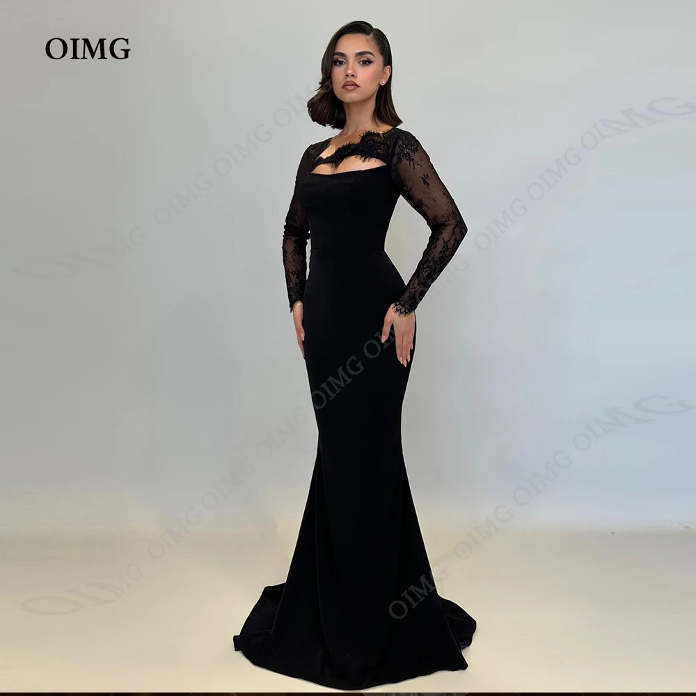 OIMG Black Satin Mermaid Party Evening Dresses Vestido de fiesta Mermaid Lace Split Strapelss Pleats Long Prom Gowns Vestidos