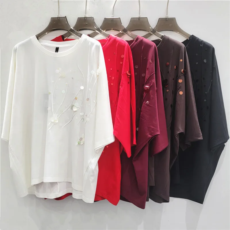 

Новая коллекция Весна-Лето 2026: Универсальная, Свободная, Стройнящая, Стильная, Молодёжная футболка с вышивкой и пайетками, с коротким рукавом, женский топ