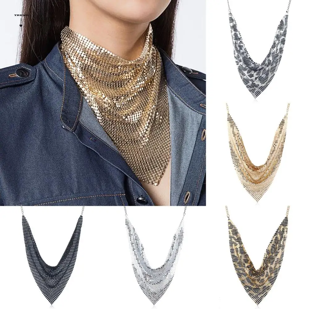 Fashion Vintage Metal Triangular Scarf Chain Choker Glittering Leopard Print Necklace Sequin Aesthetic Detachable Collar Banquet