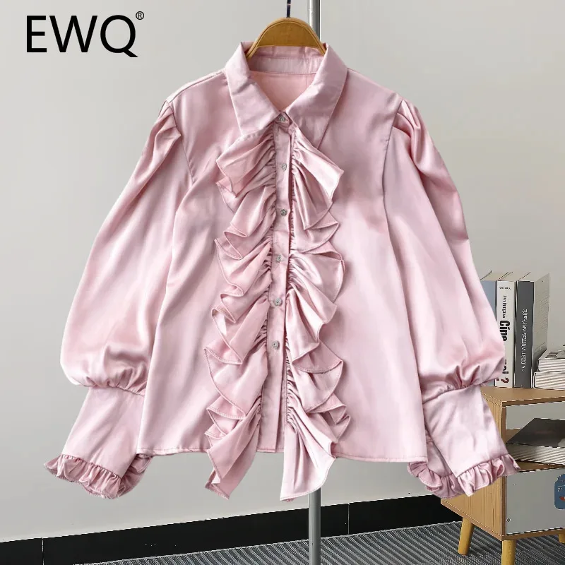 EWQ Fashion 3D Ruffle Spliced Design Shirt Women Solid Color Stand Collar Long Sleeves Single Breasted Clothing 2025 New 27C846