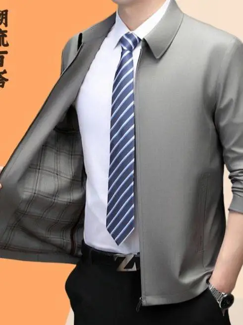 

Thin Men's Jaet Spring Autumn No Ironing Mid-aged Busin Sle Long Sve Flip Collar Lightweight Outerwear