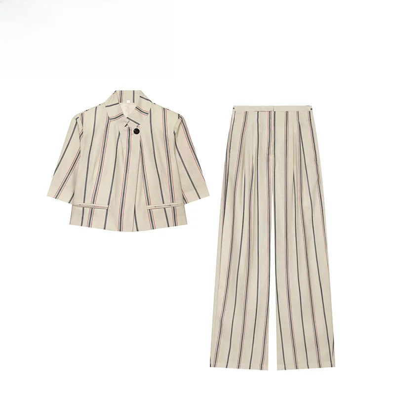 Summer New Short Striped Suit Jacket And Pants Set Women's Fashion Outfit Polyester Fiber Regular Length for All Seasons