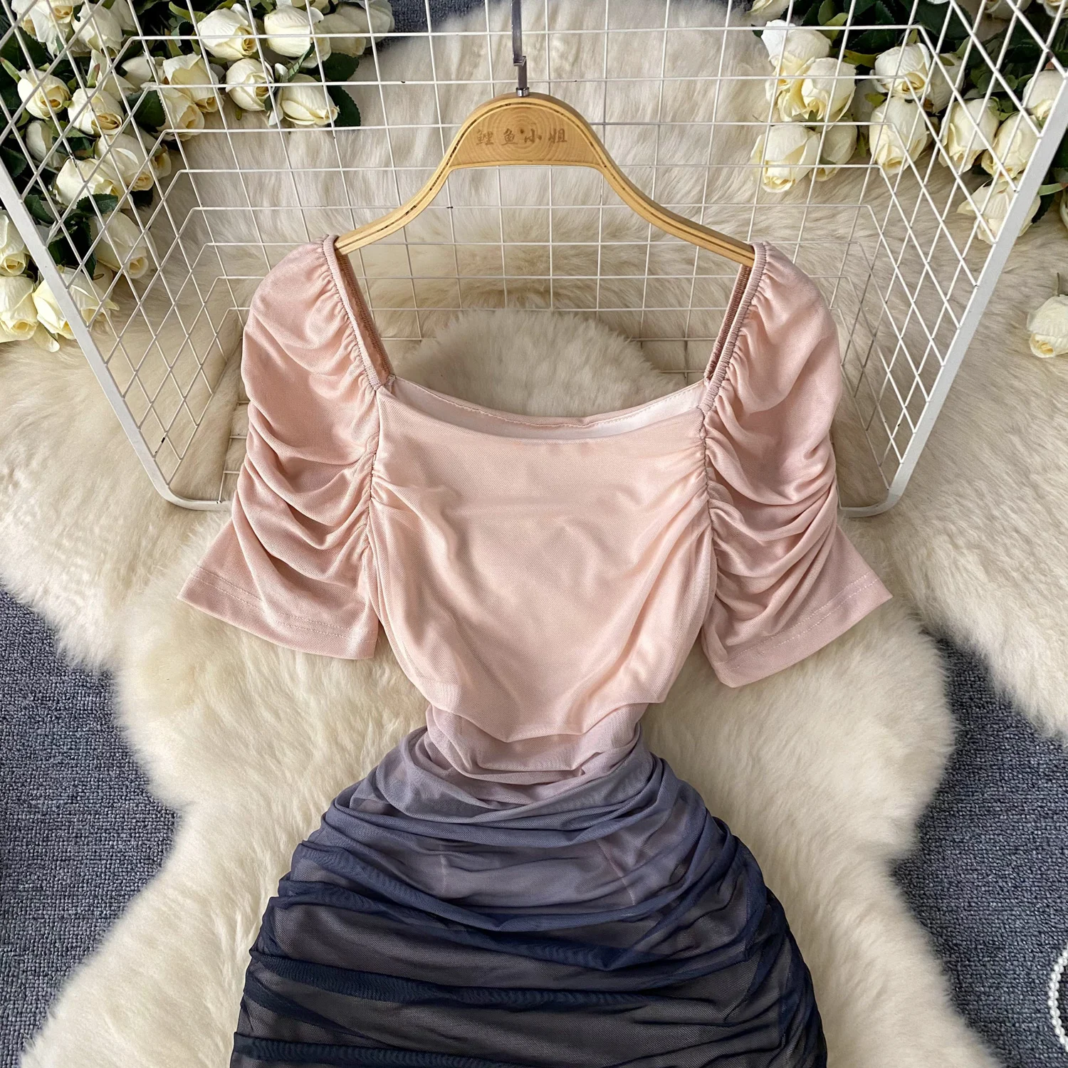 Retro Elegant off shoulder mesh dress pleated korean fashion sweet High Waist Beach Women Summer slim dresses