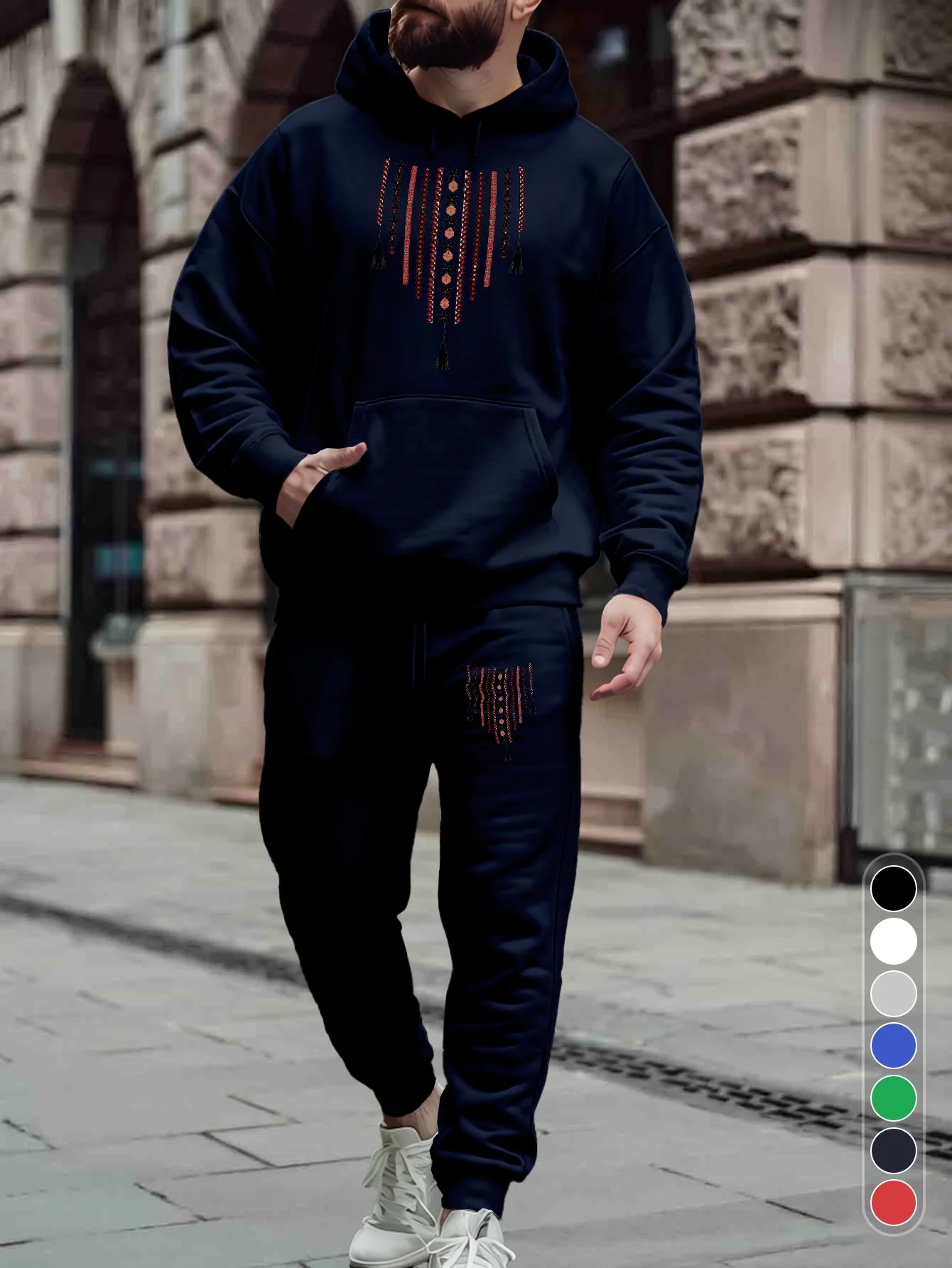 Men 2‑Piece Tracksuit Modern Geometric Folk Pattern Hoodie & Jogger Pants Set Tassel Decor Printed Sweat Suit Casual Streetwear