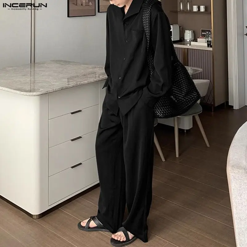 

INCERUN Men Sets Solid Color Lapel Long Sleeve Shirt & Pants Two Pieces Sets Streetwear Loose 2025 Korean Style Casual Men Suits
