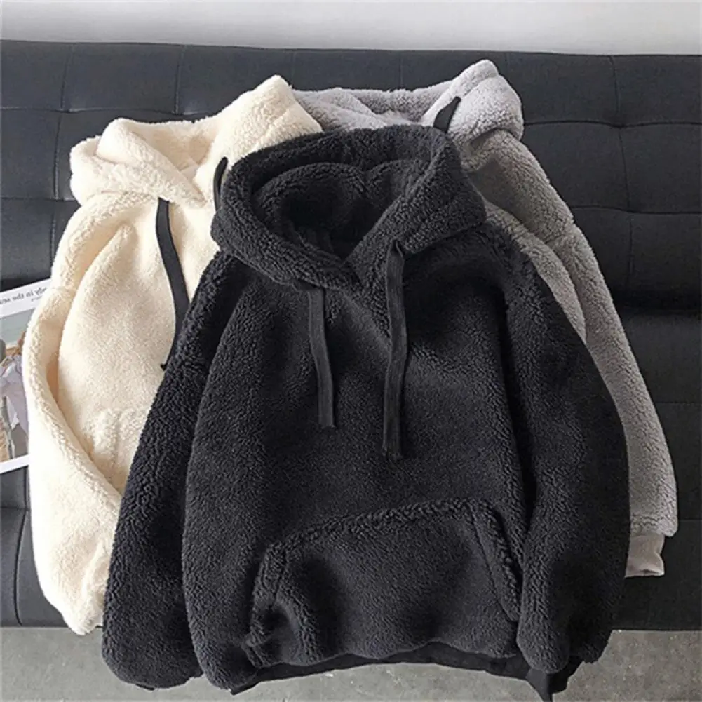 

Lambswool Women Winter Hoodie Solid Color Hooded Long Sleeves Patch Pocket Warm Plush Pullover Casual Autumn Hoodies Худи