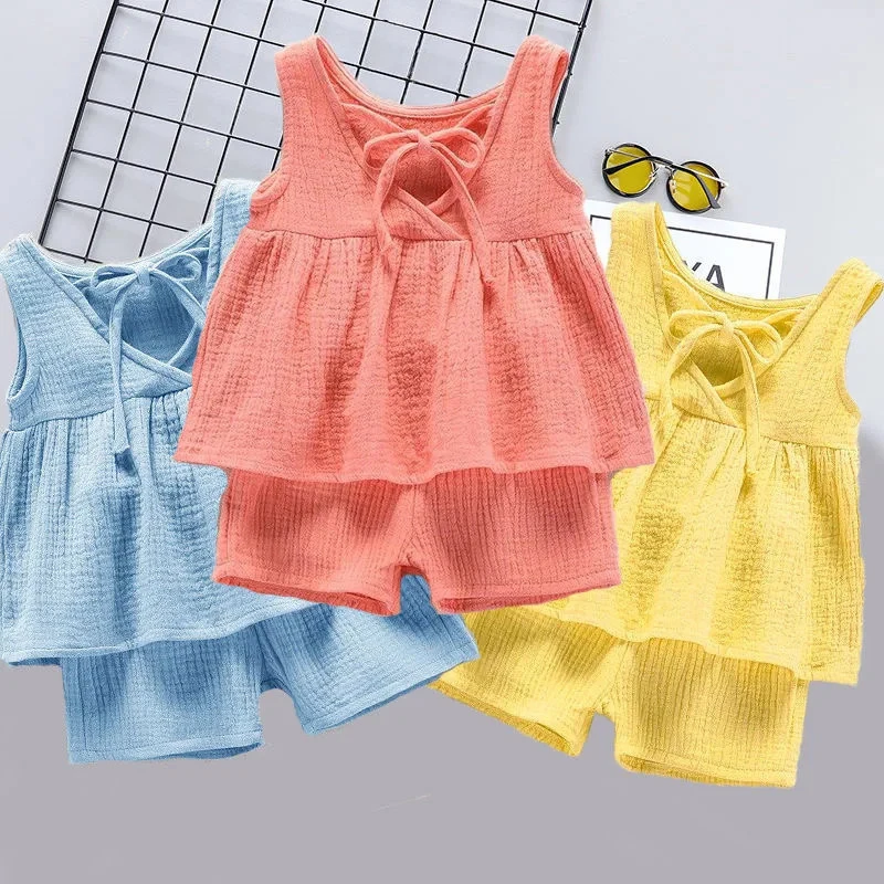 2024 Baby Girls Outfits Clothes Summer Muslin Cotton Sleeveless Vest Dress Shorts Shirt Suits Fashion Top+Trousers Sets 2pcs