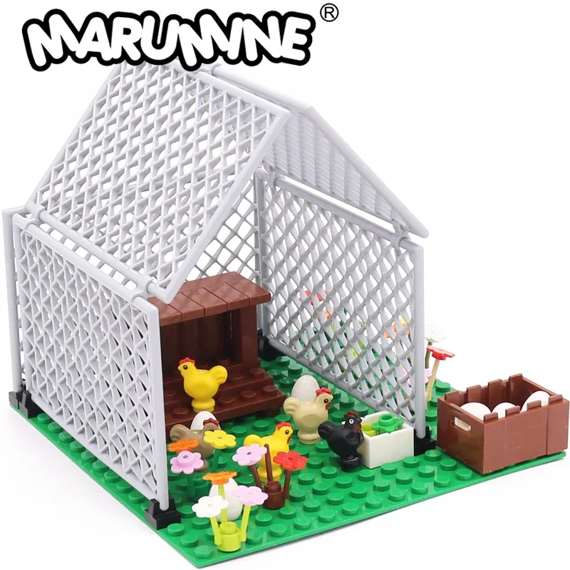 Marumine-jaula de red de granja de animales, nido de pollo, bloques de construcción, juego de accesorios, modelos de piezas de Casa de aves de corral, juguetes de construcción clásicos