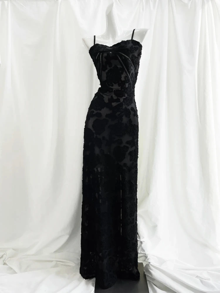 Oligai Maxi Black Formal Occasion Dress Elegant Spaghetti Strap Event Party Dresses Embroidery See Through Women\'s Clothing