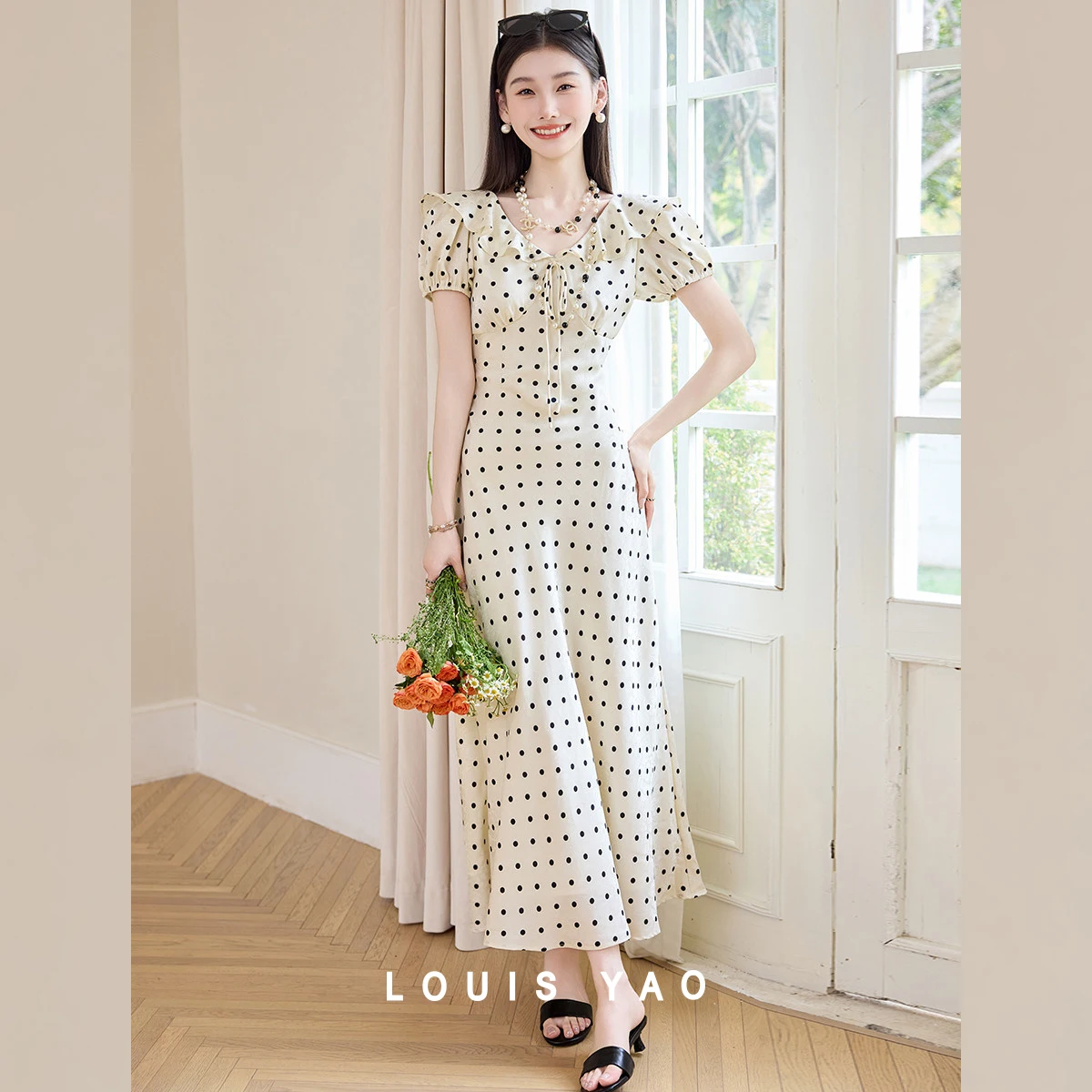 

LOUIS YAO Vintage Polka Dot Women's Dress 2026 Summer Ruffled Collar Lightweight A-Line Dress Short Sleeve Long Dress for Women