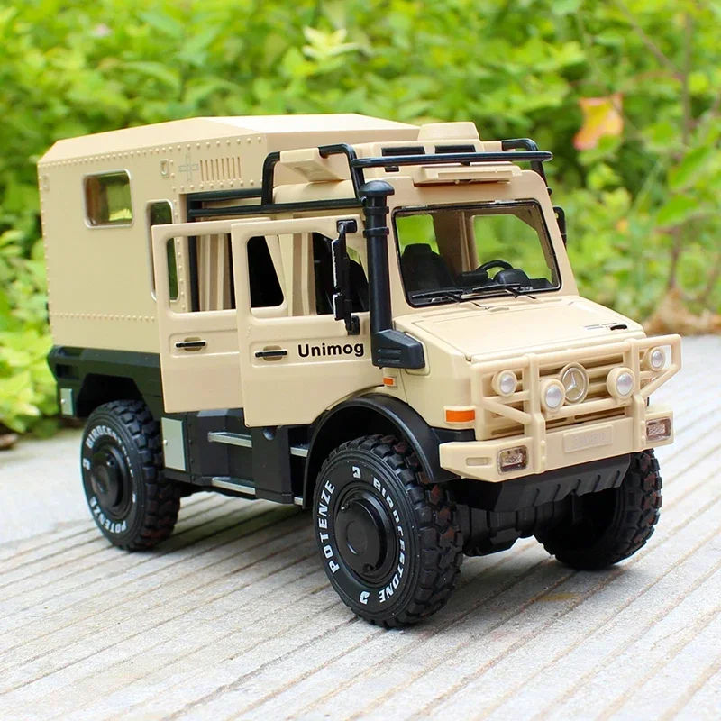 1:28 Benzs UNIMOG U4000 Motorhome Alloy Cross-country Touring Car Model Diecast Toy Off-road Vehicles Model Sound Light Kid Gift