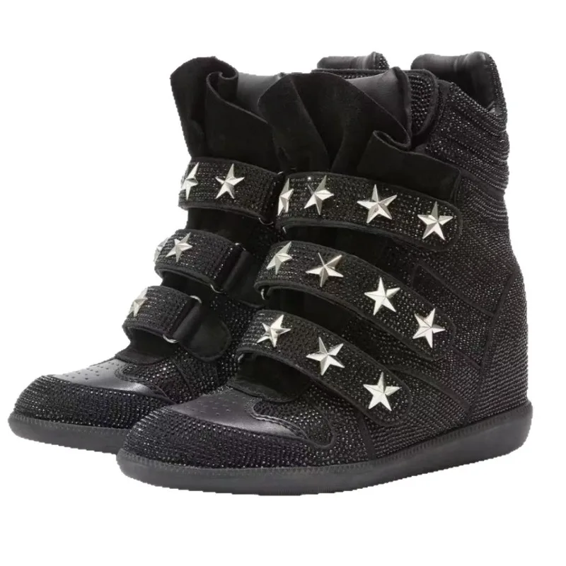 Women High-Top Hidden Wedge Sneakers, 5.5CM Rhinestone Star Studded Magic Tape Thick Sole Casual Shoes, Street Style for Daily &