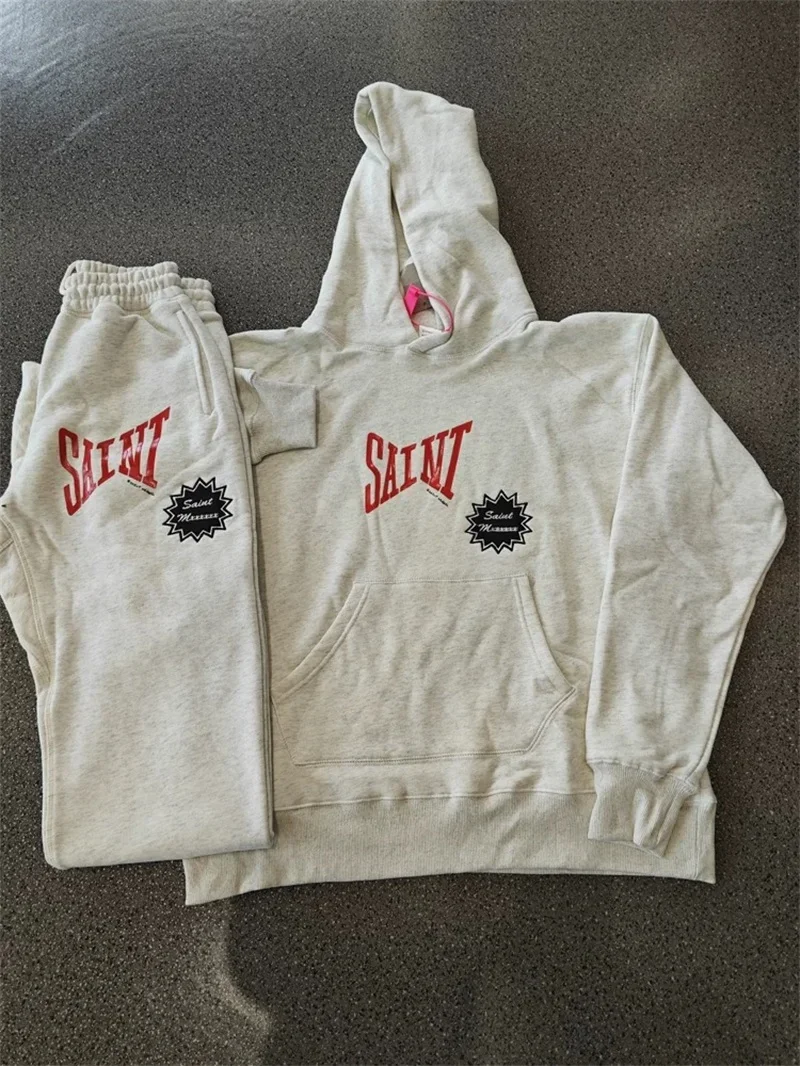 

25ss Washed Grey SAINT MICHAEL Sweatshirts Men Women Best Quality Pure Cotton Oversized Hooded Pullover