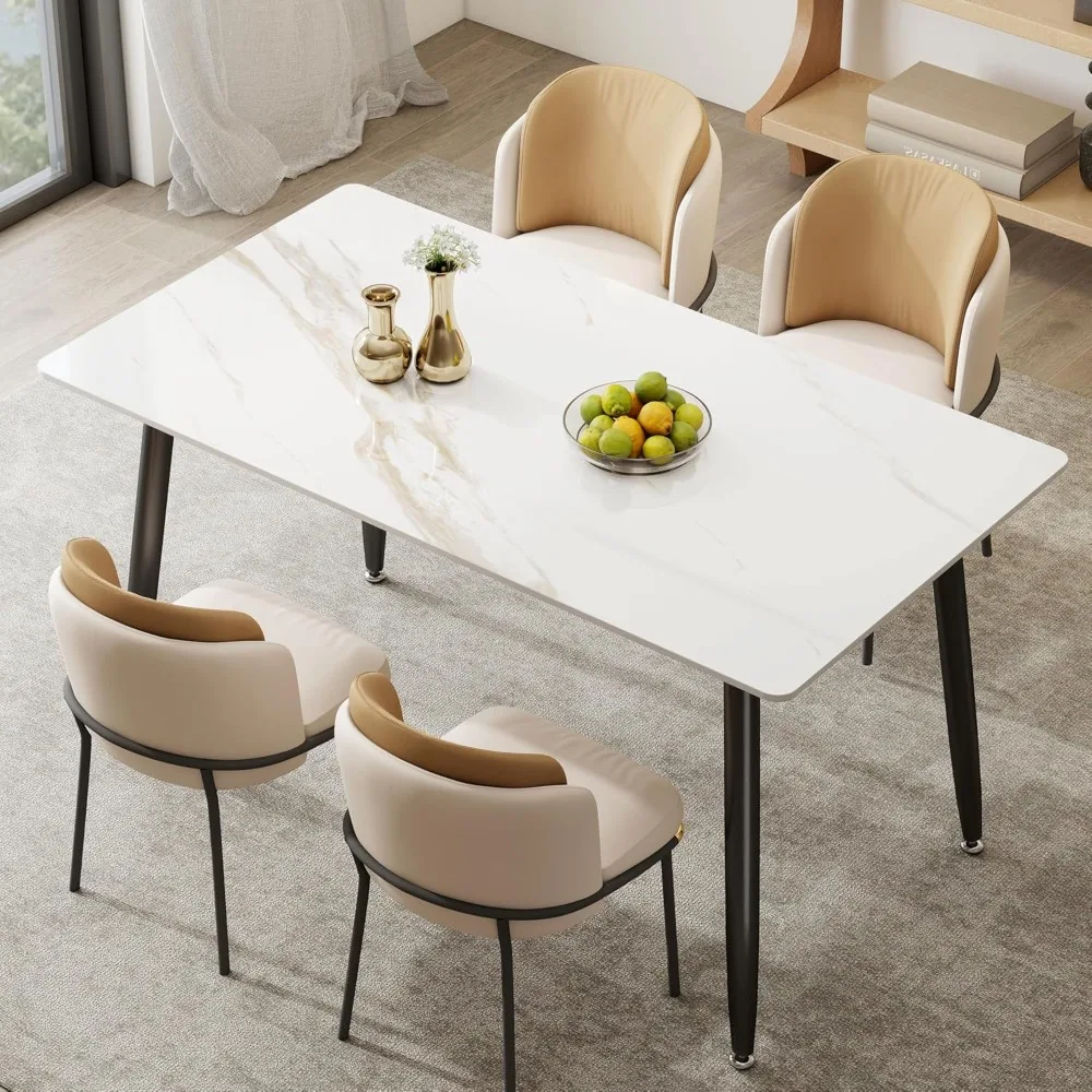 

Dining Table, with Laminate Marble Sintered Stone Tabletop and Metal Legs, 55 White Rectangular Modern Kitchen