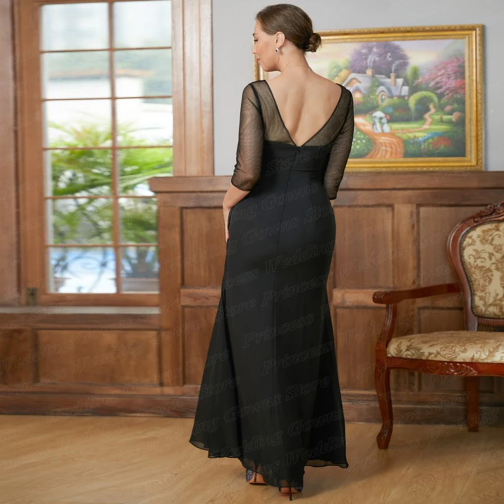 Robe d\'invité de mariage en mousseline de soie noire pour femme, robe dos nu Scoop, robe à demi-manches, longueur au sol, simple, mère de la mariée,