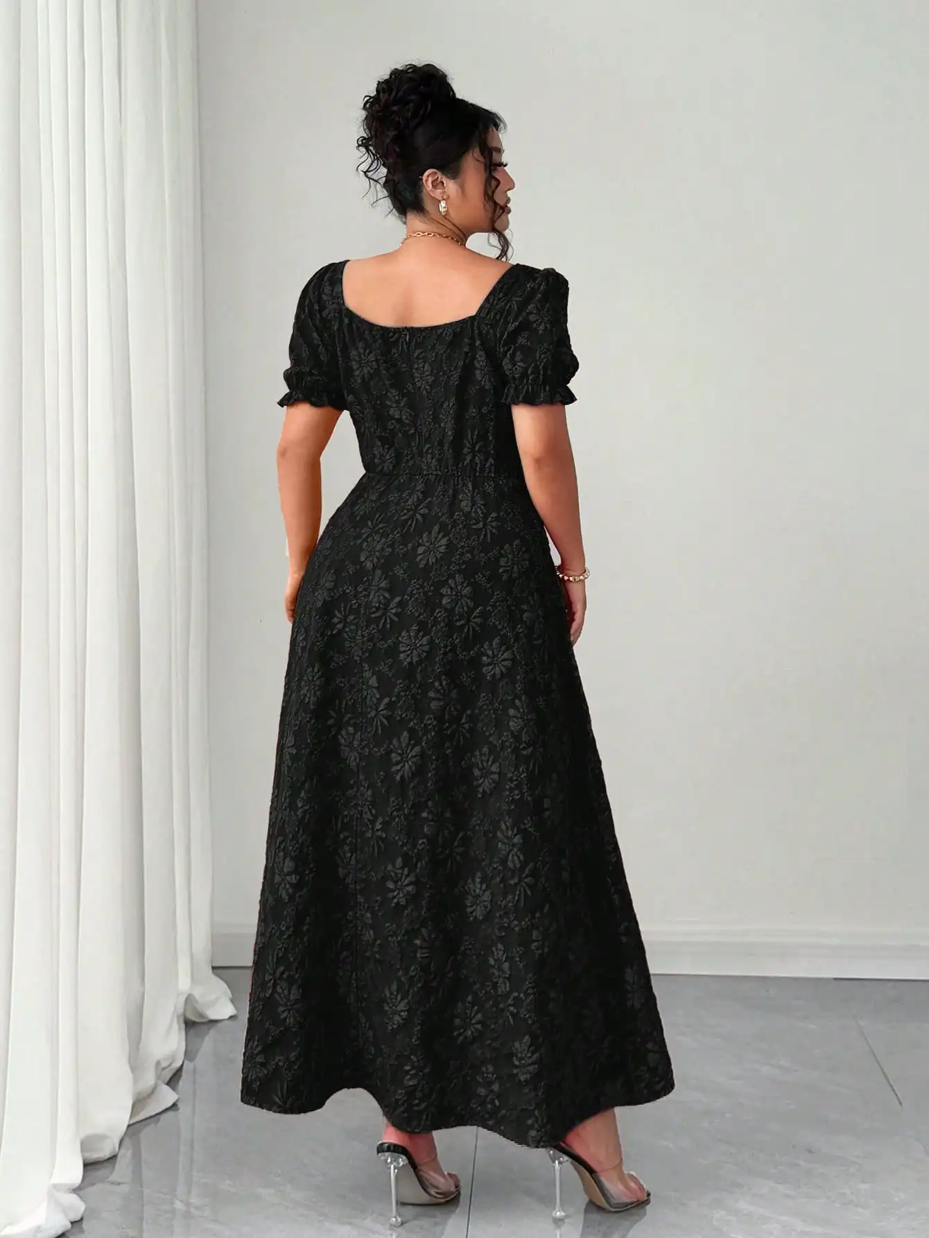 

Plus Size Women Elegant Vintage Floral Jacquard Square Collar High Waist Maxi Dress