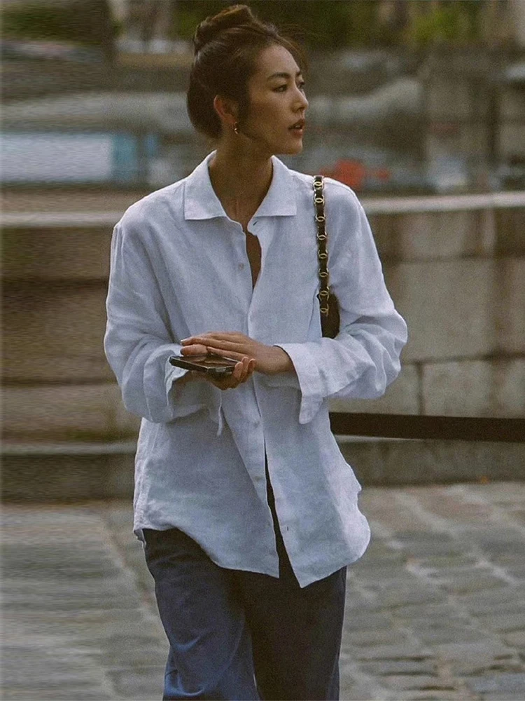

Loose Cotton Linen White Shirt Women's Simple Fashion Basic Style Top Button Design Long Sleeve Collar Regular Length