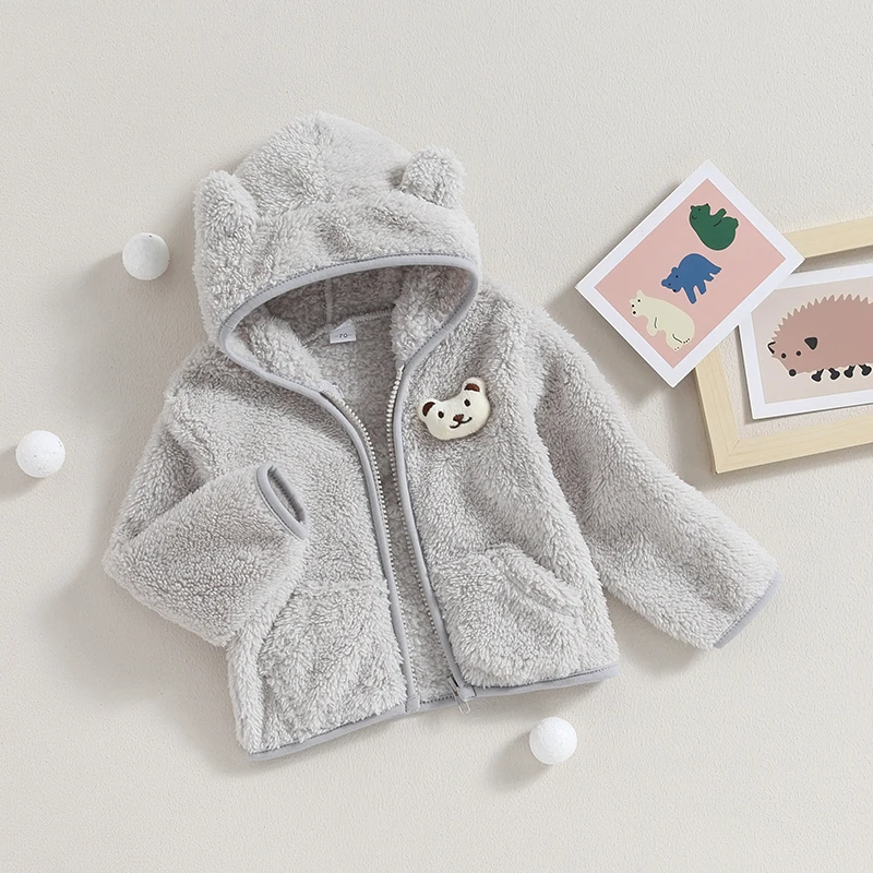 Baby Boy Girl Fuzzy Jacket Winter Clothes Long Sleeve 3D Bear Zipper Cardigan Sweatshirt Closure Fleece Tops Coat Kids Outerwear