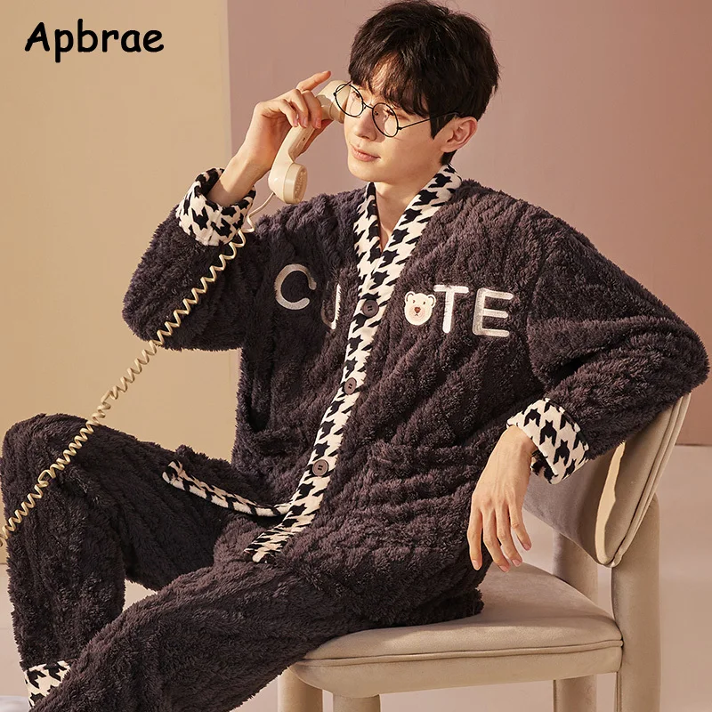 Winter L-3XL Mens Pajamas Set Thick Flannel Sleepwear for Men Bear Print Man\'s Warm Long Sleeves Pijamas Kimono Loungewear