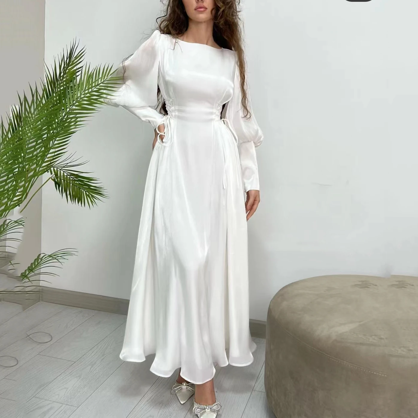 Robe de soirée en mousseline de soie blanche à manches longues pour femmes, robe de soirée formelle, longue ligne A, Rh