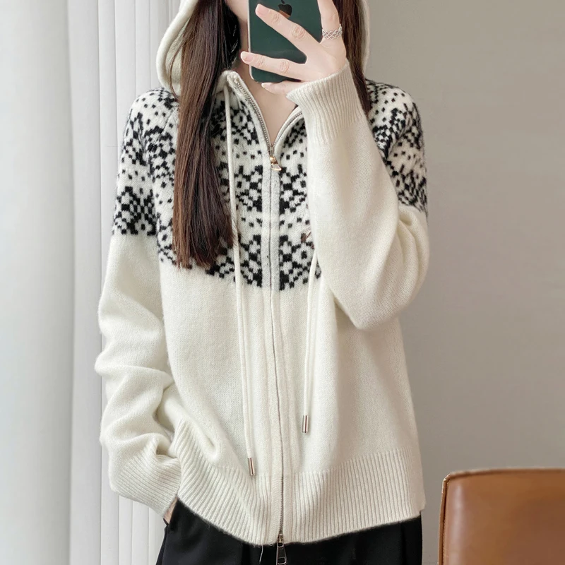

Sweatshirt Cardigan Sweater Wool Hoodies Women Thick Zipper Winter Cashmere Soft Warm Loose Casual Jacquard Knitted Coat Top