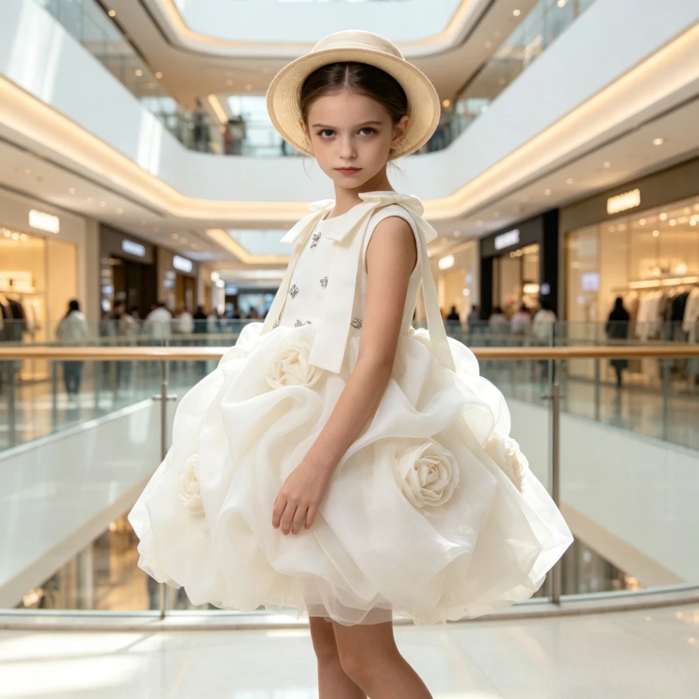 Children Girls Bow Princess Dress Tulle Tutu Sleeveless Vest Sweet Flower Formal Attire Costume Girl Wedding Party Gown Kids