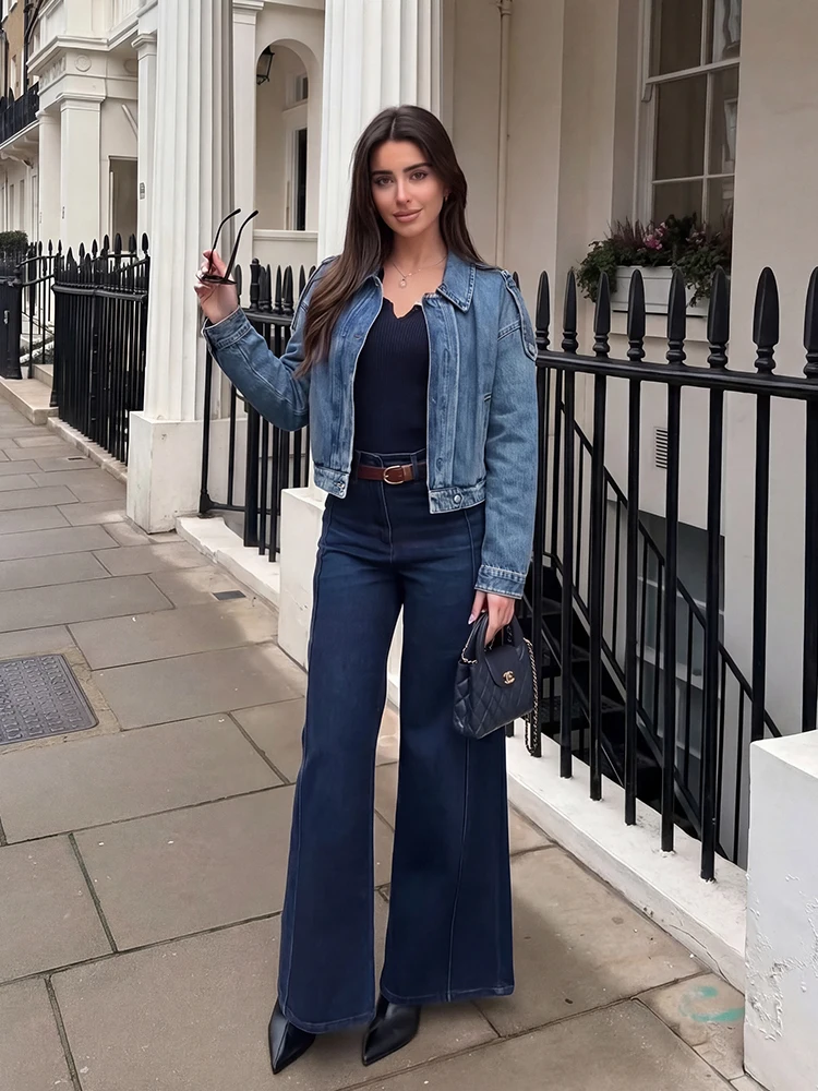 

HH New Fashion Women Denim Lapel Zipper Button Decoration Long Sleeves Short Jacket 2026 Woman Casual Slim High Street Coat