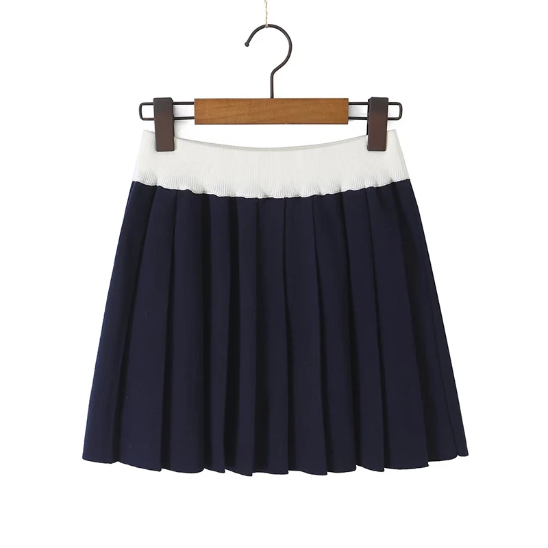 Ladies Color Block Elastic Waist Knitted Pleated Skirt High Waist A‑line Mini Skirt Preppy  Bottoms