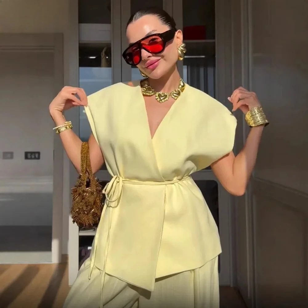 

Leg Pants Two-piece Set Fashion Female Clothes Casual Set Women's Spring/Summer V-neck Lace-up Vest High Waist Wide