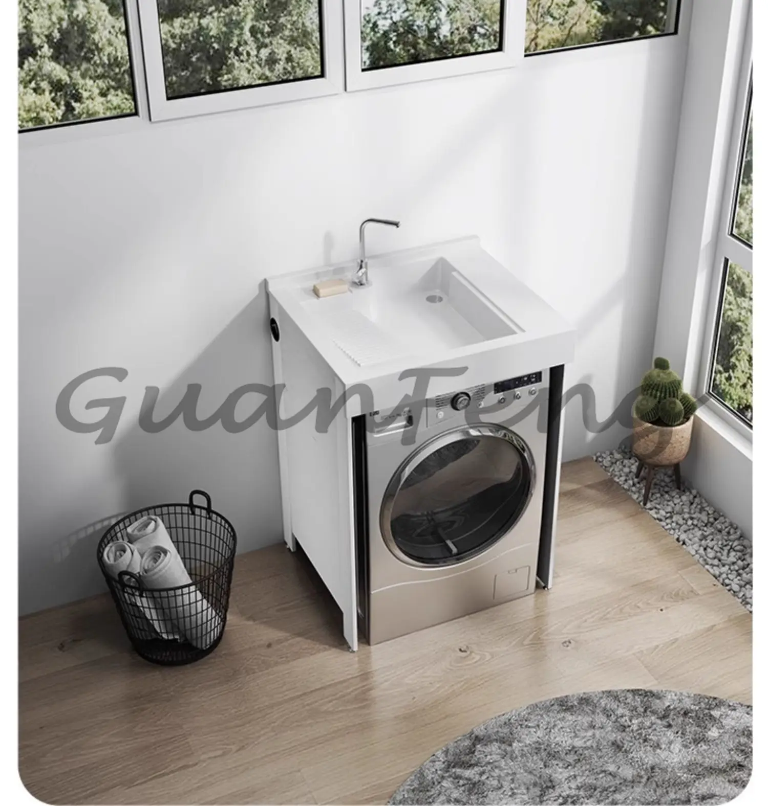 Household Aluminum‑Frame Laundry Cabinet All‑in‑One Wash Basin Laundry Tub With Built‑in Scrub Washboard