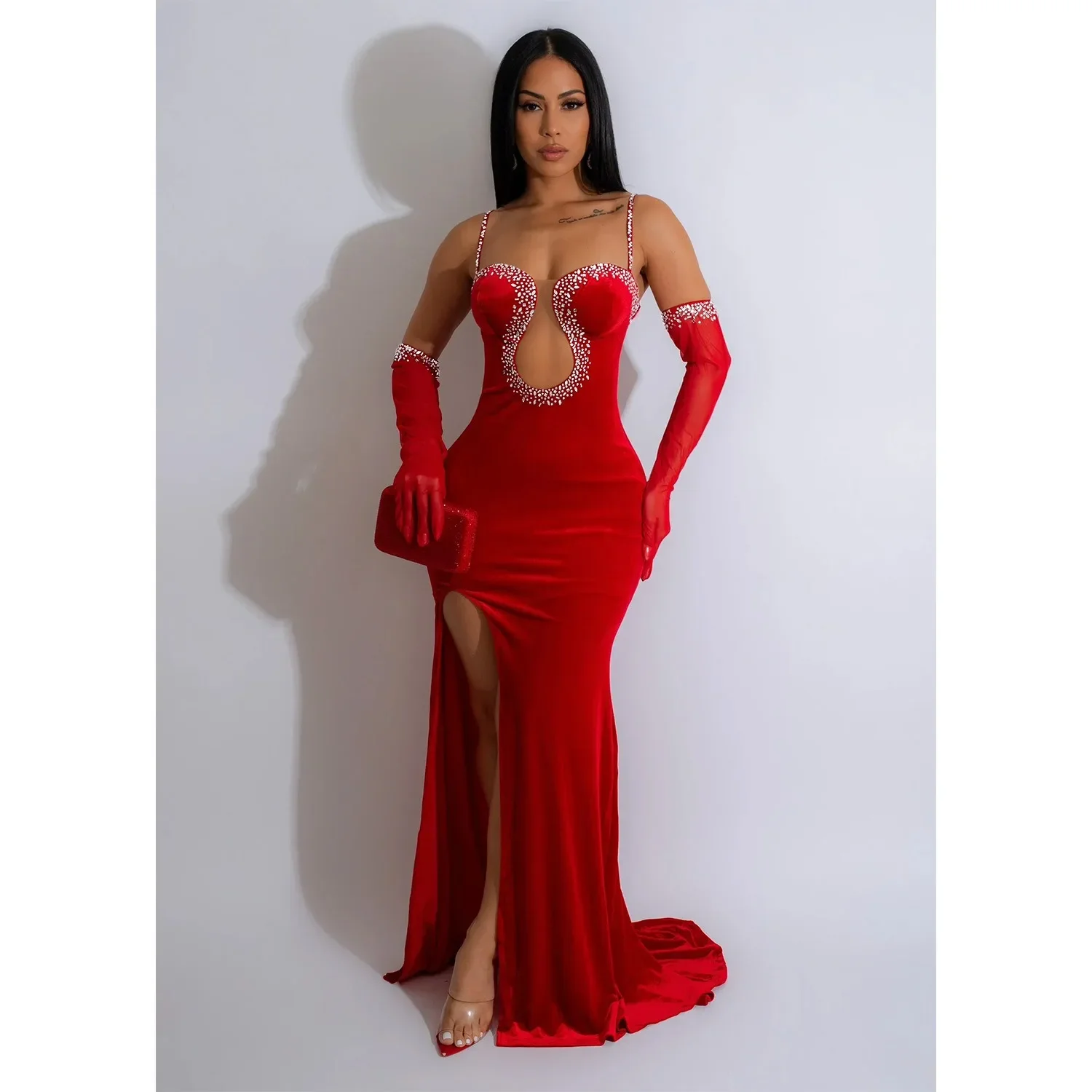 

Christmas Diamonds Velvet Party Dress with Mesh Gloves Women Sexy Spaghetti Straps Backless High Split Bodycon Evening Gown