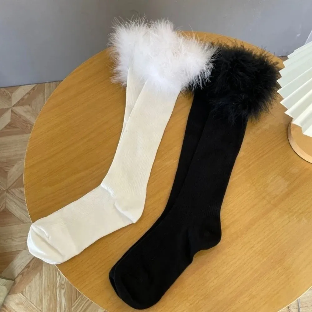 

Japanese Lolita Knee High Socks Sexy Furry Feather Trim Boots Stockings Preppy Style Uniform JK High Tube Socks Leg Warmer