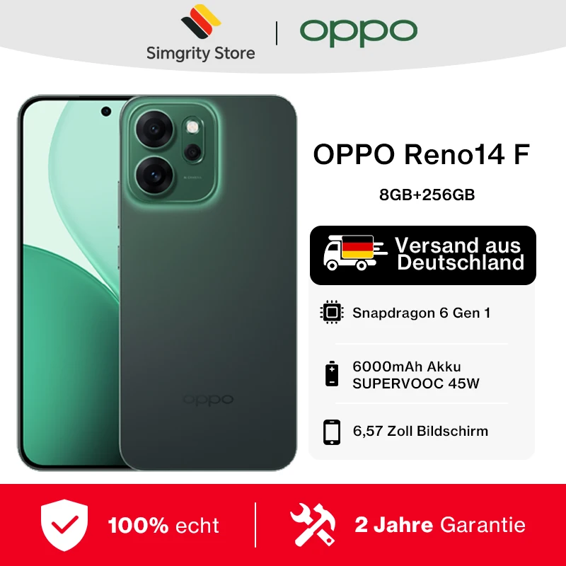 Smartphone OPPO Reno14 F 5G  cran AMOLED 6,57 pouces 120 Hz Snapdragon 6 Gen 1, batterie 6000 mAh Appareil photo principal 50 Mpx, eSIM, Wi-Fi 5, NFC, GPS, GLONASS, Bluetooth 5.1