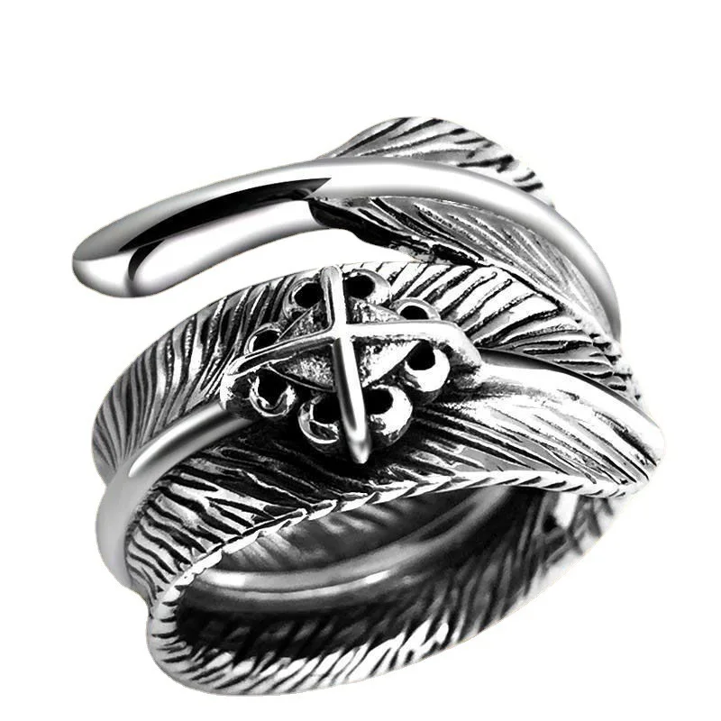 1 قطعة الرجال والنساء خمر ريشة الصليب الدائري شخصية ورقة العتيقة الفضة مفتوحة قابل للتعديل البنصر مجوهرات الأزياء