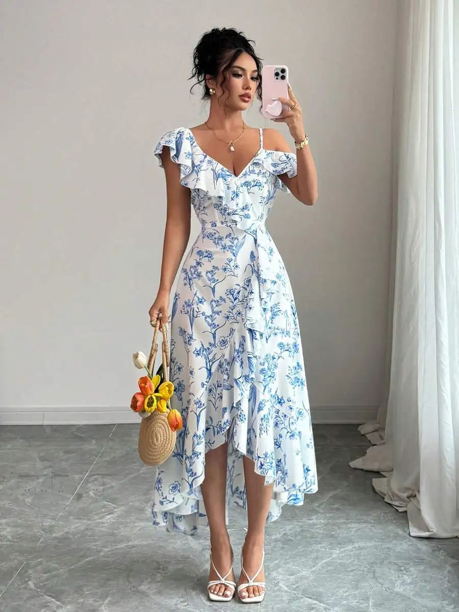 Vestido midi con estampado floral, cuello en V, hombro asimétrico y volantes en el bajo para mujer