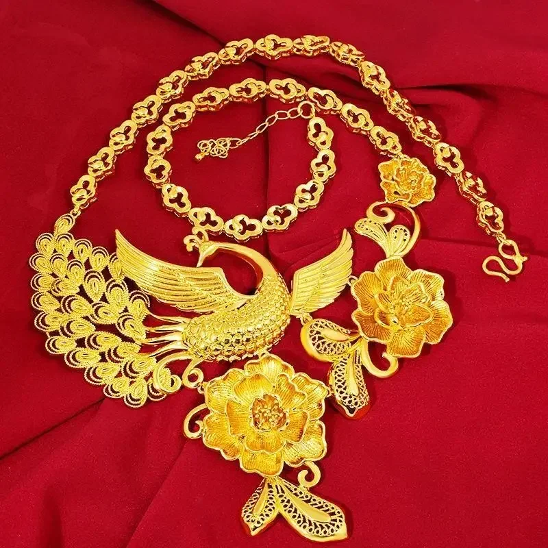 

Wedding Supplies Imitation 100% 18K Real 24K Gold Wedding Jewelry Women's Retro Ethnic Phoenix Wedding Necklace Set Never Faded